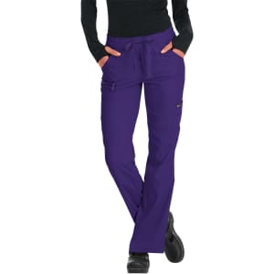 A pair of purple pants with pockets and a drawstring waistband, featuring a logo.