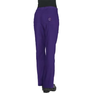 Purple pants with a back pocket, featuring a logo on the waistband, displayed on a model.