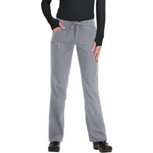 Grey pants featuring a drawstring waist and pockets, presented on a model. The product has a logo.