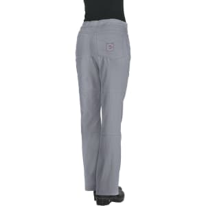 A pair of grey pants with a pocket at the back, featuring a logo on the waistband.