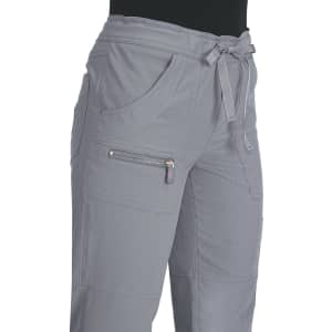 A pair of grey pants with side pockets and a tie waist, featuring a zippered pocket on one side.