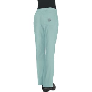 Light blue pants with a logo, featuring a back pocket design and a relaxed fit.