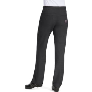 A pair of grey pants with a back view displaying a logo, featuring a straight leg design.