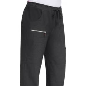 A pair of black peace pants featuring a drawstring waistband and zippered pocket. The fabric has a textured appearance.