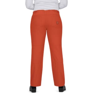Bright orange pants with a logo on the back pocket, featuring a straight leg design and side pockets.