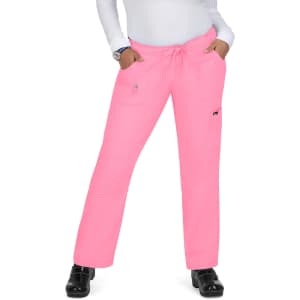 Bright pink pants with a drawstring waist and pockets, featuring a logo on the side.