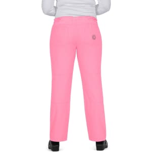 A pair of pink pants with a waistband and a logo on the back, featuring a straight-leg design.