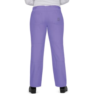 Purple pants with a relaxed fit, featuring pockets and a logo on the back.