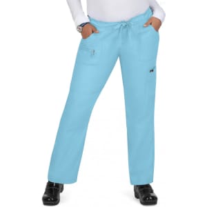 A pair of light blue scrub pants with multiple pockets and an elastic drawstring waist, featuring a logo.