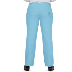 Light blue pants featuring a logo and two back pockets, viewed from the back.