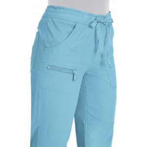 Light blue pants with a tie waist, featuring pockets and a zippered side pocket. The fabric appears soft and comfortable.