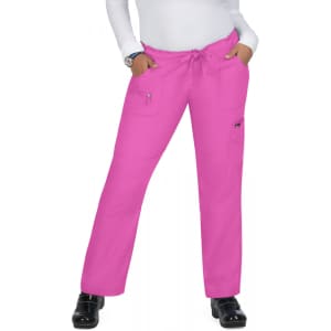 A pair of bright pink pants with pockets, featuring a drawstring waist, worn by a person standing.