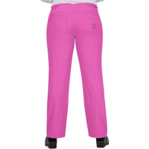 A pair of pink pants with pockets and a logo on the back. Features a straight-leg design.