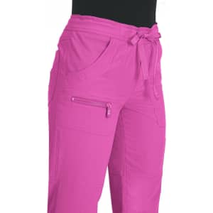 Bright pink pants with a zippered pocket and a tie waist, featuring two side pockets.