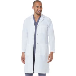 A full-length white lab coat on a smiling man, featuring multiple pockets and a professional design.