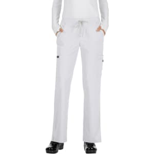 A pair of white pants with a drawstring waist and pockets, featuring a logo.