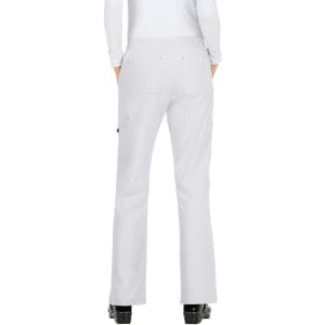 A pair of white pants with a flared bottom, featuring pockets and a logo.