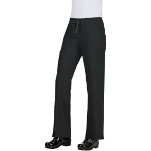 Black pants with a drawstring waist and side pockets, suitable for casual or professional wear.