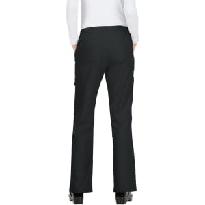 Black pants with a flared leg design, featuring pockets and a waistband, viewed from the back.