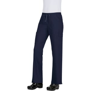 Navy blue pants with a drawstring waist, featuring side pockets and a sleek design. The model is wearing black shoes.