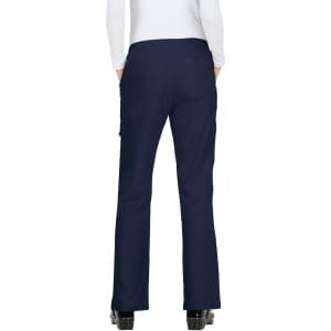 Navy blue pants with a relaxed fit and pockets, featuring a logo on the waistband. View from the back.