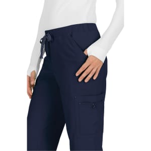 Navy blue pants with an elastic waistband, drawstring, and side pockets, featuring a cargo pocket on the leg.