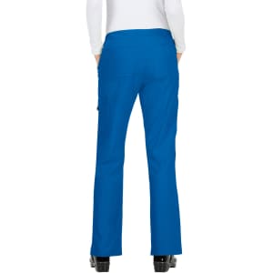 Blue pants with a flared bottom and a pocket on the side, featuring a logo. The back view showcases the waistband and fit.