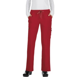 A pair of red pants with pockets and a drawstring waist, styled for comfort and utility.