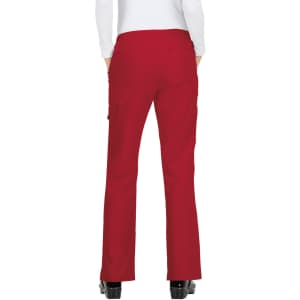 A pair of red pants with a flared design and pockets, viewed from the back. The product features a logo.