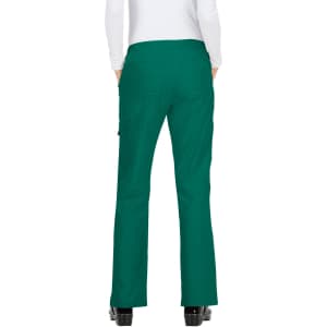 A pair of teal pants with a straight leg design, featuring pockets and a branded logo on the back.