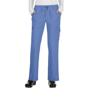 Blue pants with a drawstring waist and side pockets, featuring a logo on the side.