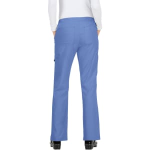 A pair of women's pants in light blue, featuring a straight leg design and rear pockets.