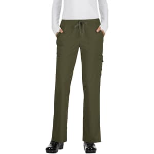 An olive green pair of pants with pockets and a drawstring waist, featuring a branding logo.