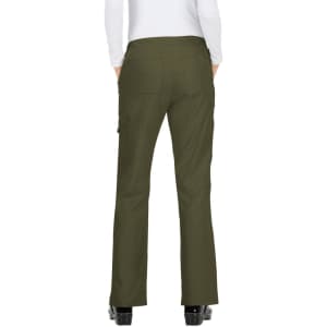 A pair of olive green pants with a flared leg design and pockets, viewed from the back.