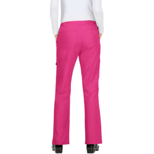 Pink pants with a flared design and back pockets, featuring a logo on the right side.