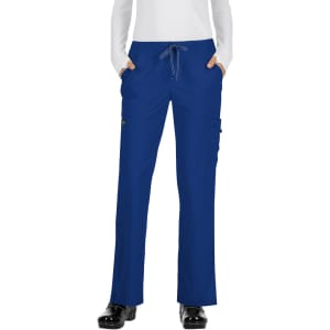A pair of blue trousers with pockets and a drawstring waistband, displayed on a mannequin.