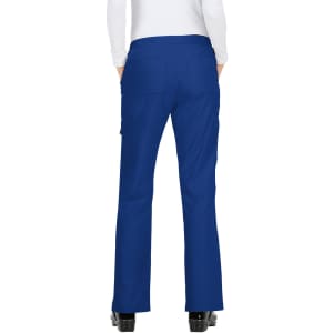 A pair of blue pants featuring a back view, with cargo pockets and a fitted style. The pants have a branding logo.