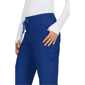 A pair of royal blue pants with a drawstring, featuring side pockets and a cargo pocket.