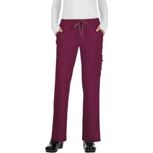 A pair of women's scrub pants in a deep burgundy colour with a drawstring waistband and side pockets.