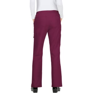 A pair of burgundy pants with a straight leg design, featuring pockets and a logo on the side.