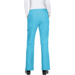 A pair of bright blue pants with a flared leg and pockets, featuring a logo on the back.