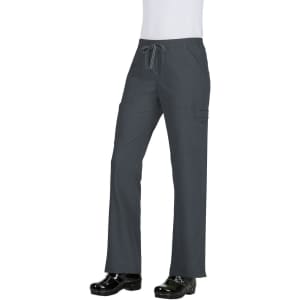 A pair of grey pants with a drawstring and cargo pockets, featuring a logo on the side.