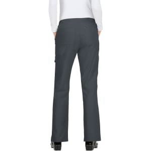 Dark grey pants with a flared leg design, featuring rear pockets and a logo.
