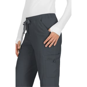 A pair of grey pants with pockets, featuring an adjustable drawstring waist and a side cargo pocket.