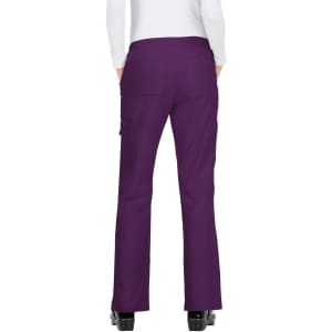 A pair of women's scrubs in a rich purple colour, featuring cargo pockets and a fitted design from the back view.