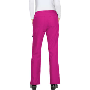 Bright pink pants with a flared design and pockets, shown from the back view. Features a logo on the waistband.