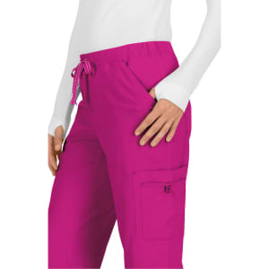 A pair of bright pink pants with an adjustable drawstring waistband and side pockets. Features a logo on the pocket.