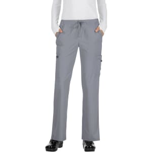 A pair of grey pants with a drawstring waist and multiple pockets, featuring a branded logo.