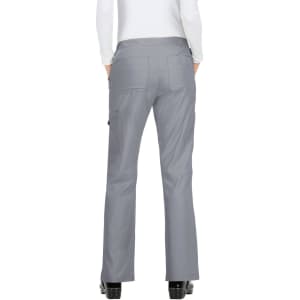 A pair of grey pants with a fitted waist and flared legs, featuring pockets on the back.