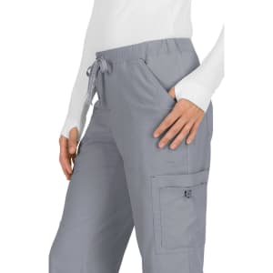 A pair of grey pants featuring a drawstring waist and a side pocket, modelled by a person.